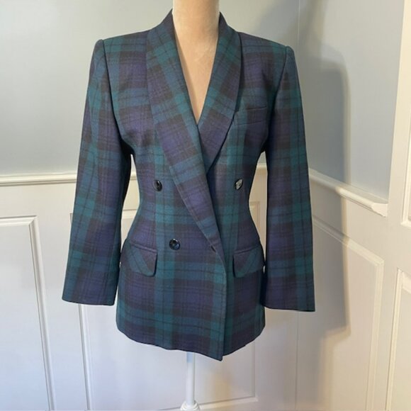 Vintage Tartan100% Wool Black Watch Plaid Double Breasted Blazer Jacket 8 - Picture 2 of 11